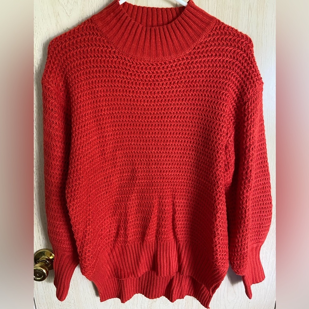 Tomato Red Soft Knit Textured Mock Neck Sweater Sz Large